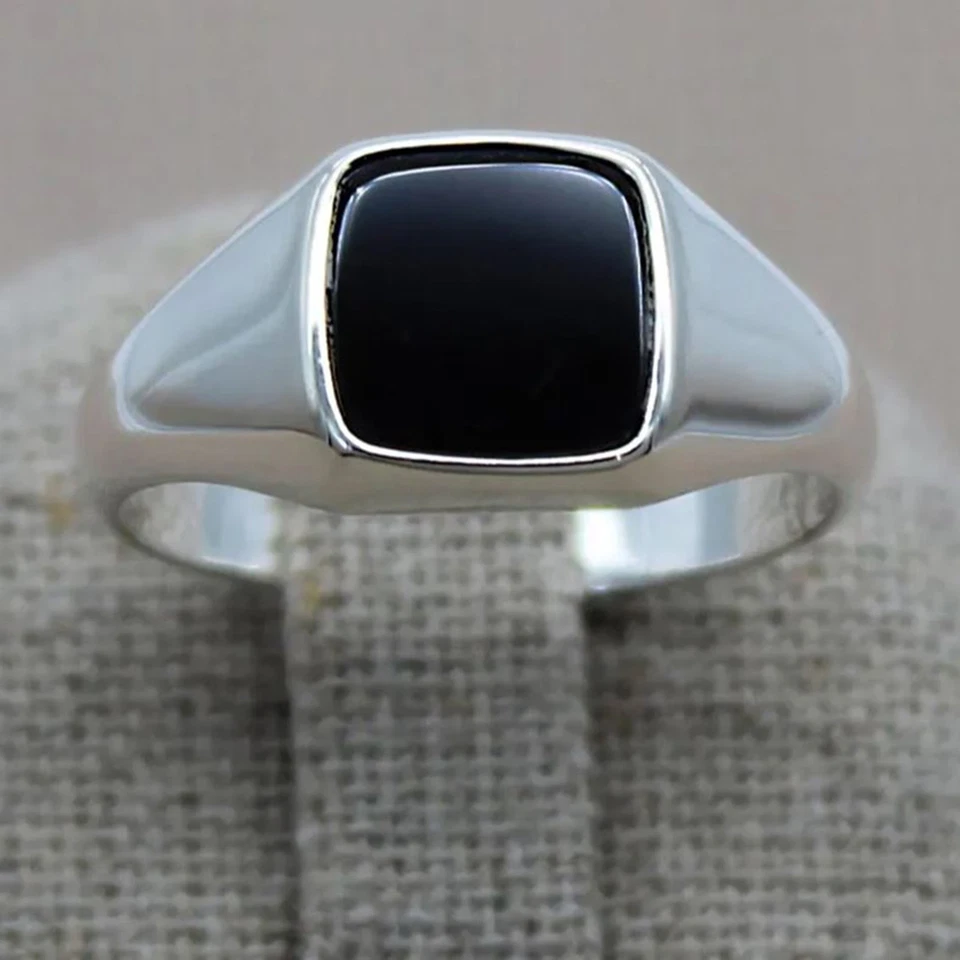 Bague Chevalière Argent 925 Onyx Noir Carré – Homme/Femme Tailles 50–70 Écrin - Photo 4/4