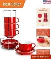 8 Ounce Porcelain Stackable Cappuccino Cups with Saucers and Metal Stand - fo...