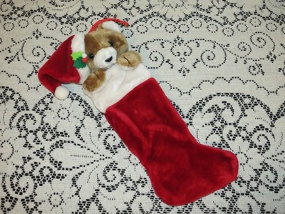 VTG Christmas Stocking Teddy Bear Holly Santa Hat 3D Plush West World Trading