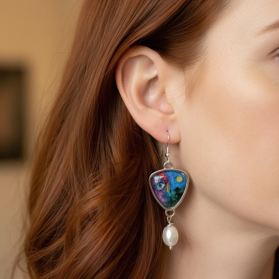 Pendientes artesanales cara ojo luna sol plata perla desajuste arte moderno boho encanto Foto 2 de 4