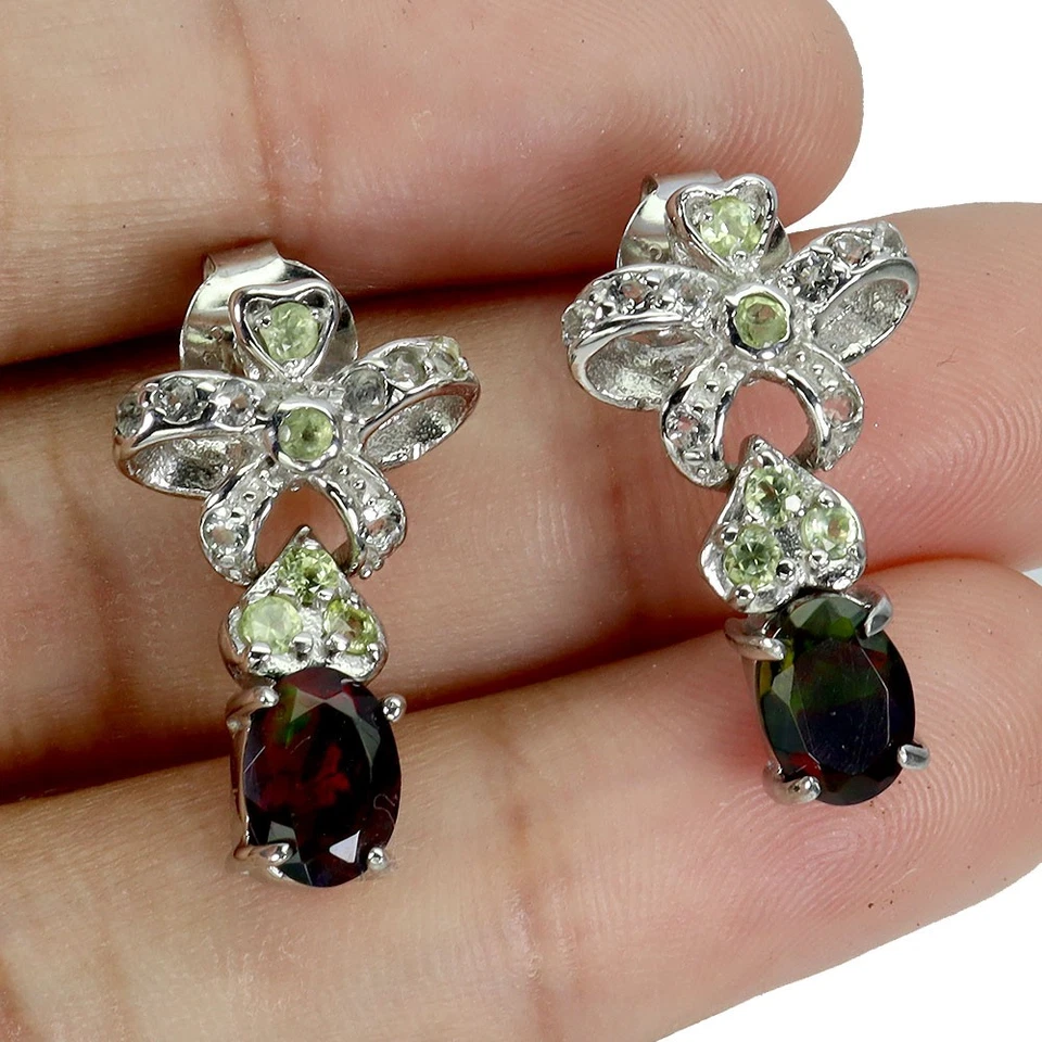 Pendientes de plata de ley 925 ovalados ópalo negro 7x5 mm peridoto piedras preciosas joyería Foto 2 de 4