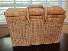 Vintage Wicker & Rattan Sewing Picnic Basket Locking Handles Very Old