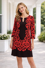 New York & Co Dress Women's XS Red Print Keyhole Neck Ponte Knit Stretch Shift