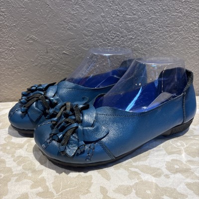 SOCOFY BLUE TEAL LEATHER SHOES SZ 240 US 7 Super Cute & Comfy Flower Toes Flats