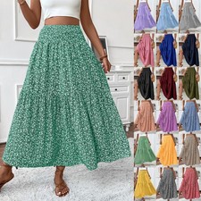 BOHO Ladies High Elastic Waist Floral Swing Skirt Long Summer Holiday Dress SIZE