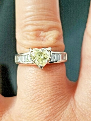1.33TCW Fancy Light yellow Heart Solitaire Baguette Diamond Platinum ring - Picture 12 of 12