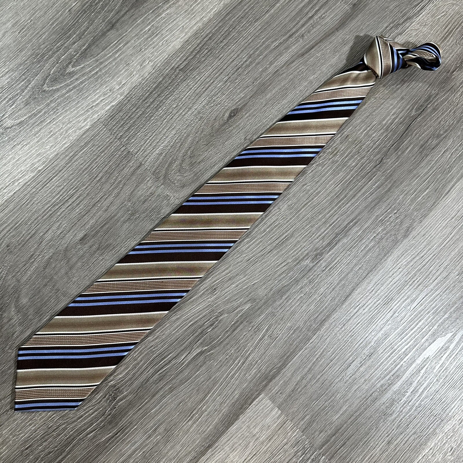 Geoffrey Beene Mens Neck Tie 100% Silk Brown Blue Stripe 57”