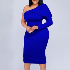 Womens One Shoulder Cocktail Dresses Sexy Bodycon Ruched Midi Party Formal Dress