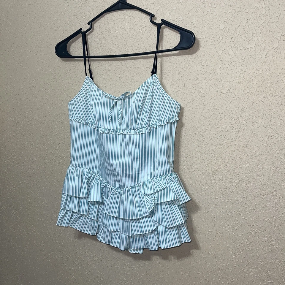 Betsey Johnson море зеленый полоски пеплум оборки ярусный Майка размер 4 новый $198 - Изображение 4 из 4