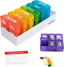 6 Times a Day, 7 Day Large Weekly Pill Organizer with Holder Tray (Multicolored)