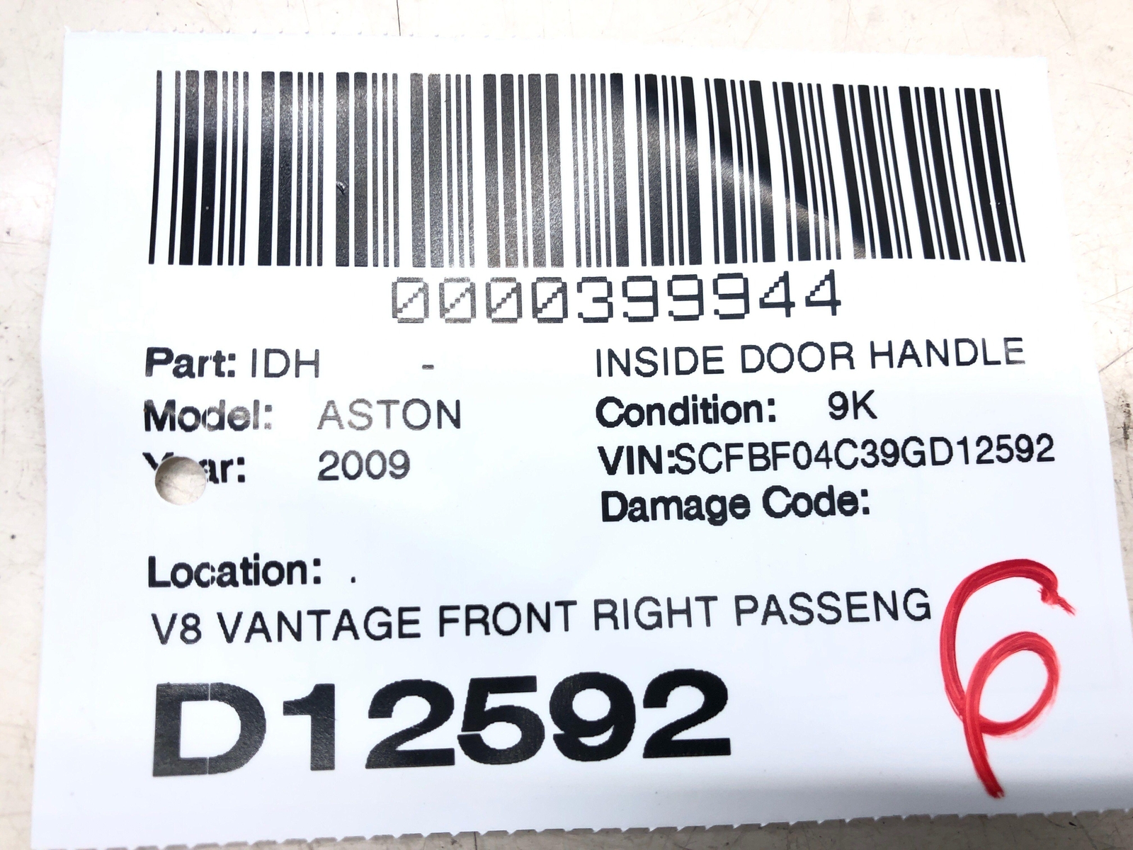 2009 ASTON MARTIN VANTAGE FRONT RIGHT DOOR TRIM ARMREST LEATHER 4G43-24104 OEM