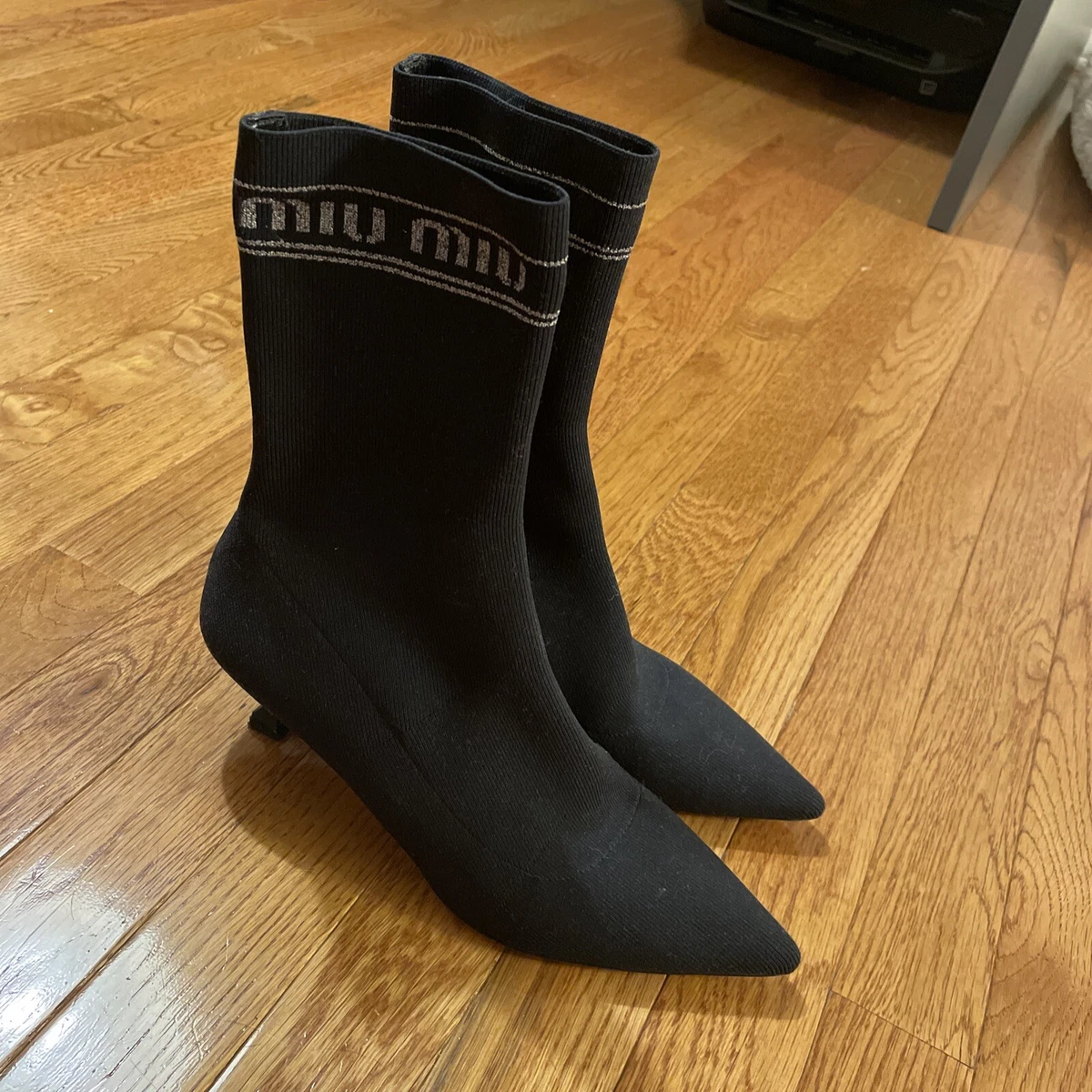 Miu Ankle Boots Black Logo-Print Stretch-Knit Sock Booties 36.5