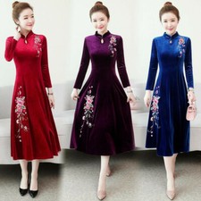 Women's Velvet Cheongsam Chinese Style Slim Fit Qipao Embroidery Floral Dress