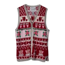 Vintage eagle's eye pink heart valentine sweater vest womens L rare bows cherub