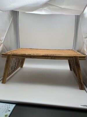 VTG Burnt Tortoise Bamboo Rattan Folding Bed Breakfast Lap Tray MCM Wicker 22x15