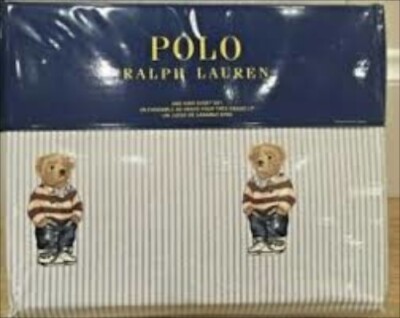 Polo Ralph Lauren 4pcs QUEEN Boy Teddy Bear Blue Stripe Sheet Set NIB - Main Image