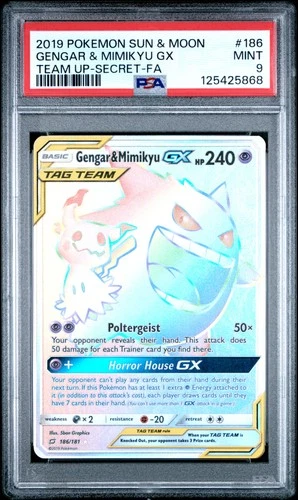 2019 POKEMON SUN & MOON TEAM UP SECRET #186 FULL ART/GENGAR & MIMIKYU GX PSA 9