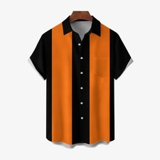 Mens Vintage 50s Style Black Orange Classic Bowling Shirt Short Sleeve Shirt 230