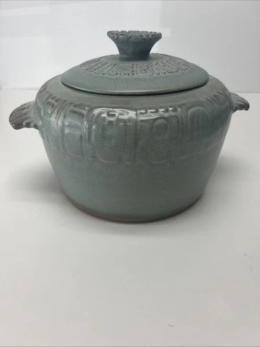 Frankoma 7W Vintage Bean Casserole w/ Lid Pottery Mayan Aztec Blue Green Jade