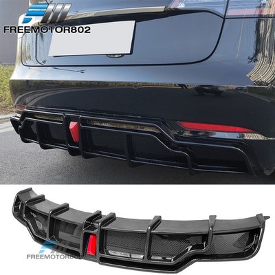 Fits 17-23 Tesla Model 3 Carbon Fiber Print IKON Rear Lip Diffuser W/ LED Lamp