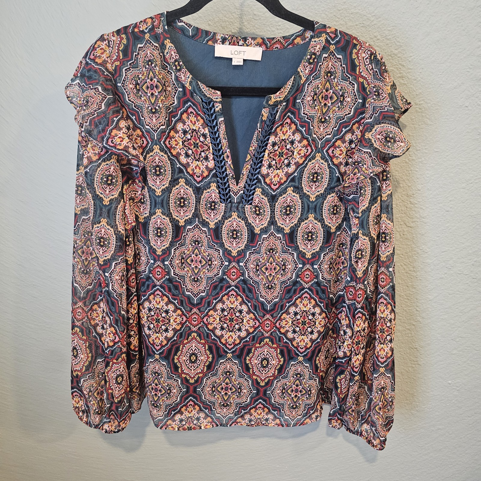 Loft Multicolor Tapestry Ruffle Split Neckline V … - image 1