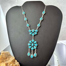Sterling Southwestern Style 25 Teardrop Turquoise Cluster 17" Necklace For Women