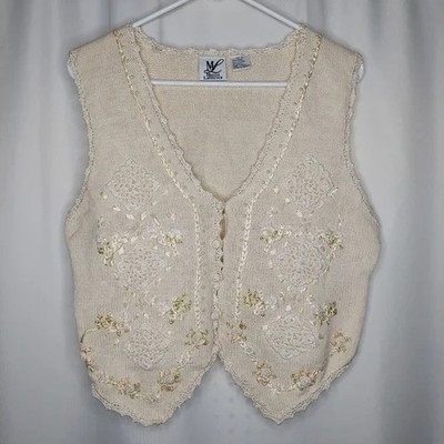 Maggie Lawrence Vtg Knit Vest Large Womens Crochet Ribbon V-Neck Cottagecore