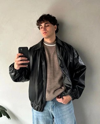 Herren Oversized Schwarz Leder Bomberjacke Baggy Streetwear Style, Relaxed Fit