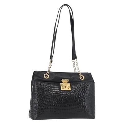 BALLY Chain Shoulder Bag Leather Black Gold Auth ka4189A