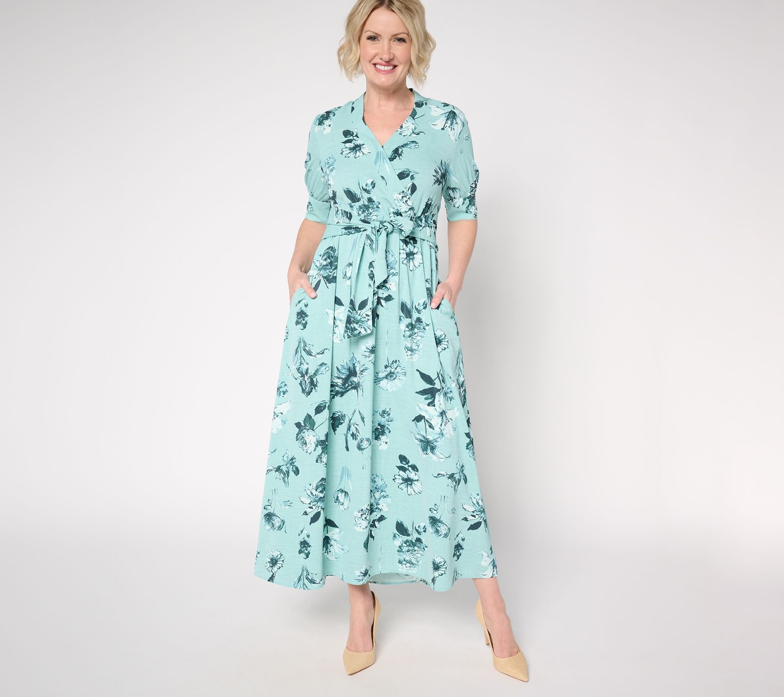 Tribal Women's Petite Dress PXL Printed Faux Wrap Midi Green A682094