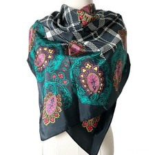 Diane Von Furstenberg 100 Silk Scarf Black Multicolor Paisley Plaid Luxury