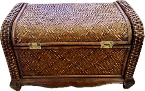 Vintage Woven Rattan Wood Chest Box Trunk 16.5x10x10” Hinged Lid Storage - Picture 4 of 6