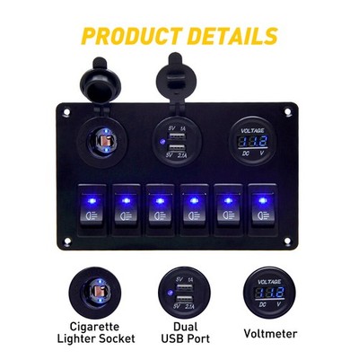 Waterproof 6 Rocker Gang LED Switch Electrical Panel Circuit Breaker Marine Boat