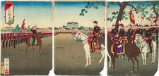 Antique Japanese Woodblock Print Triptych by Inoue Tankei Emperor Parade c.1885