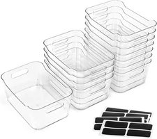 12 PACK Multi-Use Clear Plastic Storage Bins for Organizing W/ Labels - Home, Ki