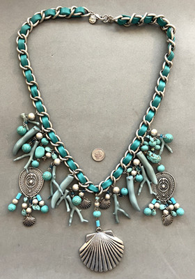 Vintage RANJANA KHAN Blue Leather Chain Link Dangle Coral Ocean Necklace LE 2011