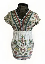 MAURICES Women's White Aztec Print Cotton Blend V-Back Swimsuit Cover-Up Sz. S