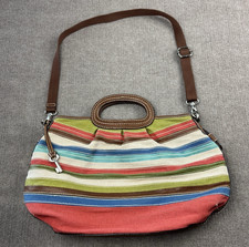Vintage Fossil Crossbody Bag Purse Canvas Tote Leather Handles Stripe Boho Retro