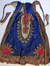 African Dress Blue  Red with Dashiki Design w/ Smocked Bodice  Tie Straps