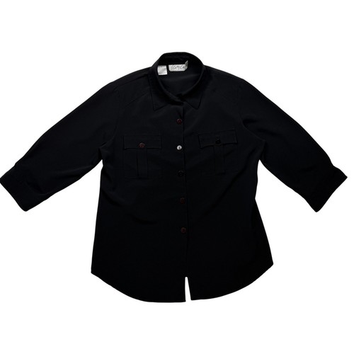 Vintage 90s Kathy Che Black Utility Button Front Blouse Shirt Size 8