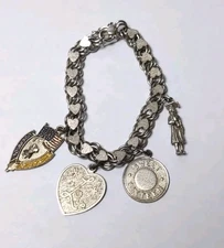 ELCO 925 STERLING HEART CLASP 3 LINK HEAVY 7 1/2” CHARM BRACELET With 4 Charms