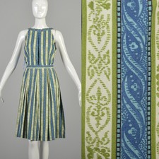 Large 1950s Green Blue Stripe Set Sleeveless Top Knee Length Pleated Skirt