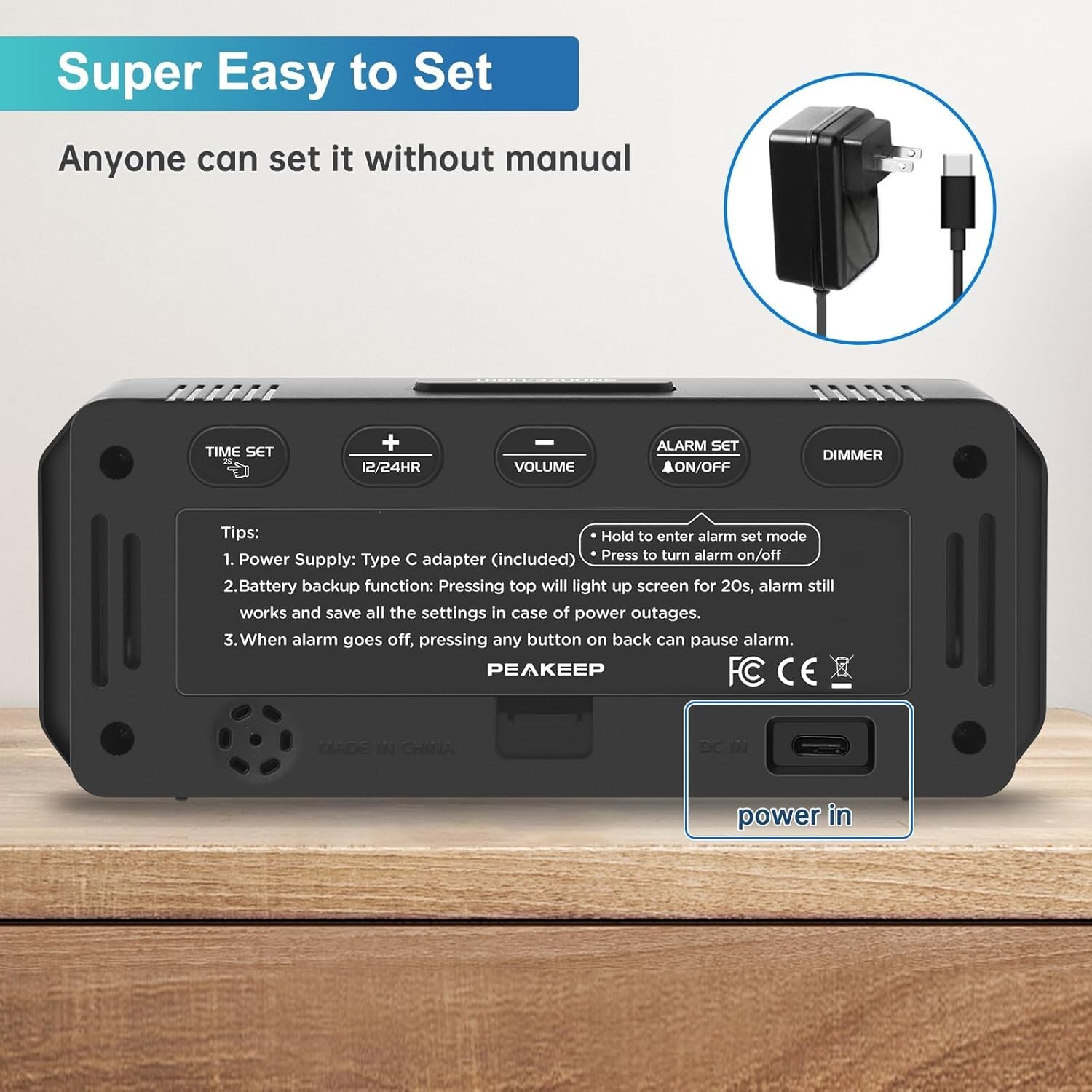 Peakeep Small Digital Alarm Clock Plug in for Bedrooms Bedside, Tiny Electric...