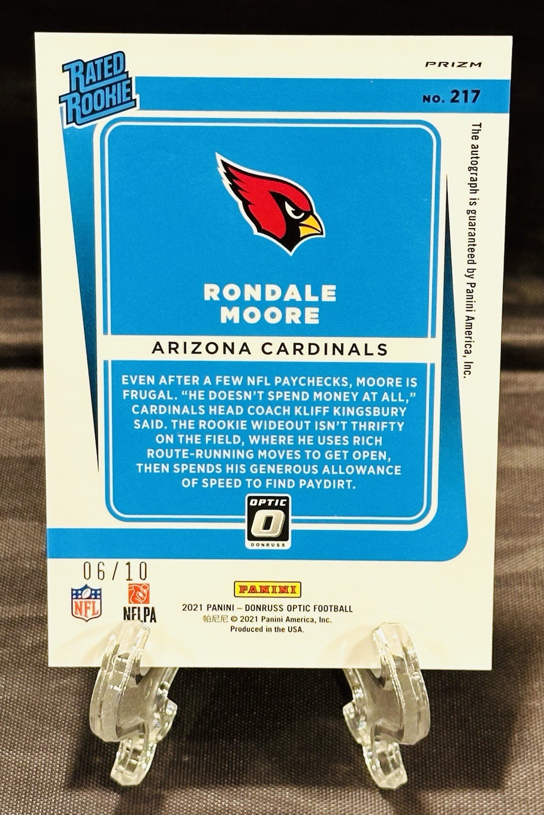 2021 Panini Donruss Optic RONDALE MOORE Rookie Auto Gold Prizm #06/10 view 2