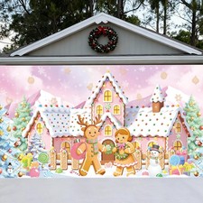 Pastel Christmas Gingerbread House Garage Door Decoration 7 x 16 ft Pink Ging...
