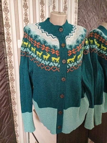 Women White Stag Sweater Turquoise Wool 42 / XL /