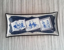 Mid-Century Modern Vtg MCM Bent Edge Manly Pursuits Blue Black Glass Gilded Tray