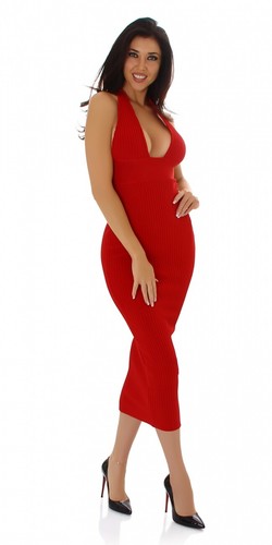 Damen Bodycon Neckholder Midikleid V-Ausschnitt Ripp Reißverschluss - Bild 13 von 16
