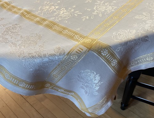 "Mantel vintage lino diseño rosa blanco/amarillo 55"" x 49""" - Imagen 4 de 10