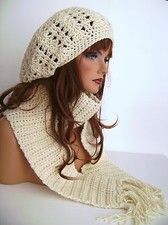 CREAM HAND MADE HAND CROCHET RASTA HAT  SCARF SET BAGGY SLOUCHY BAGGIE TAM
